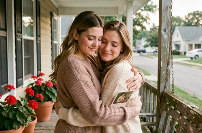 Deux amies d'enfance s'étreignant tendrement sur le perron d'une maison de quartier, l'une tenant une vieille photographie