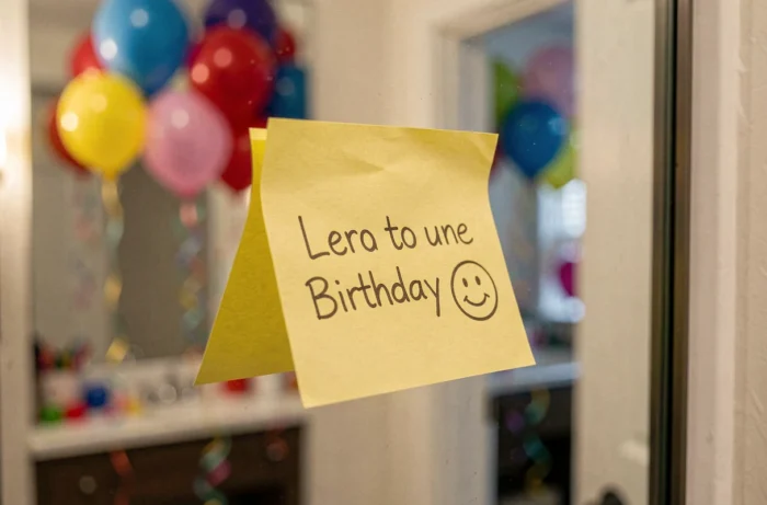 Post-it avec un message d'anniversaire en une phrase collé sur un miroir reflétant une fête en arrière-plan