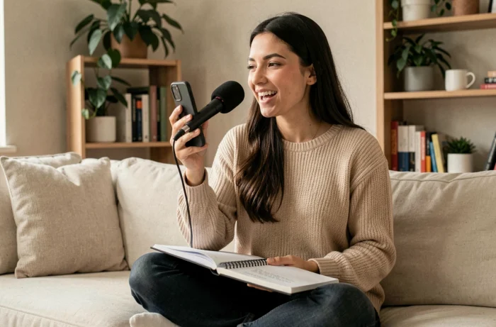 Une femme assise en tailleur sur un canapé crème enregistrant un message vocal sur son smartphone avec un carnet de transcription ouvert sur les genoux