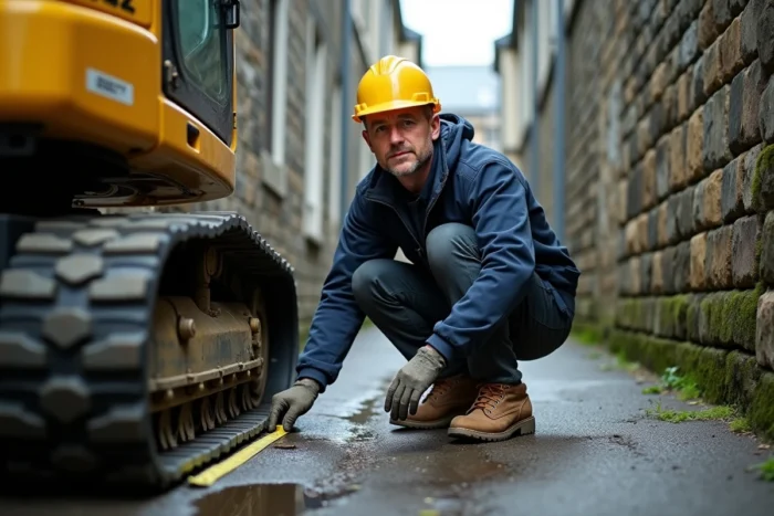 Technicien mesurant la largeur de chenilles d'une mini pelle dans une ruelle urbaine étroite
