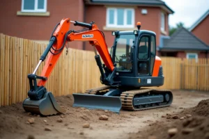 Mini pelle compacte orange sur un chantier résidentiel montrant ses dimensions réelles à côté d'une clôture en bois