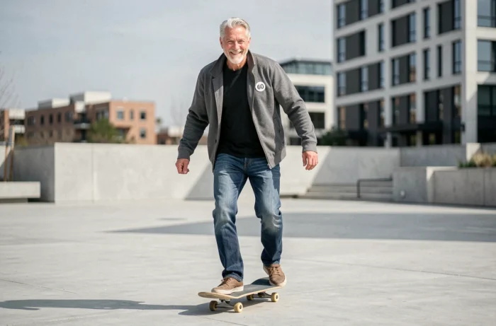 Homme de soixante ans dynamique en vêtements modernes faisant du skateboard en ville avec un badge '60'