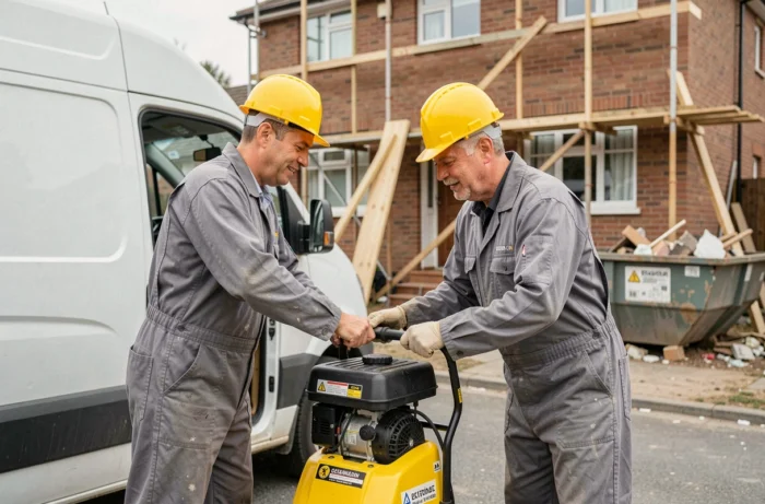 Deux ouvriers déchargeant une machine de location depuis un camion devant une maison en rénovation