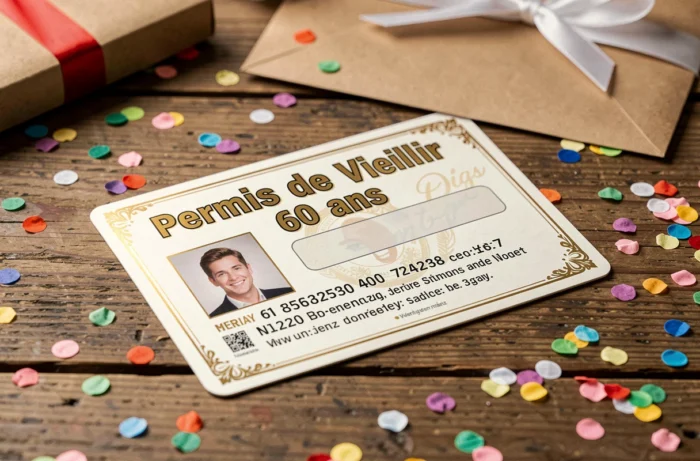 Carte humoristique 'Permis de Vieillir 60 ans' posée sur une table en bois avec des confettis