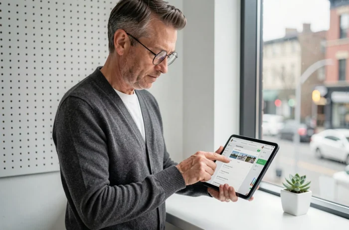 Personne debout consultant un plan de site d'offres d'emploi sur tablette dans un bureau minimaliste urbain
