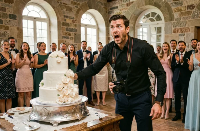 Photographe de mariage qui renverse accidentellement le gâteau de mariage, scène hilarante immortalisée lors de la réception