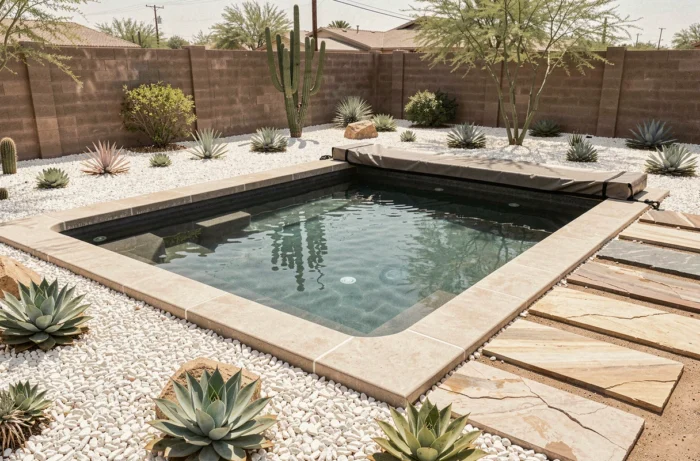 Bassin de piscine compact conçu pour les restrictions d'eau, revêtement sombre anti-évaporation entouré de xériscape avec graviers blancs et succulentes
