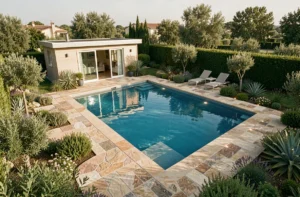 Vue panoramique d'un jardin moderne transformé en oasis avec piscine extérieure, terrasse en pierre, végétation méditerranéenne et pool house compact