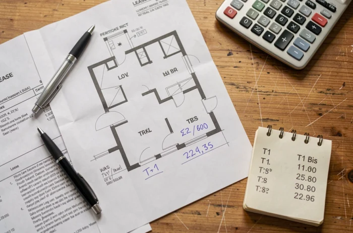 Vue aérienne d'un plan d'appartement T1 avec documents de bail et calculs de loyer comparatifs sur une table en bois
