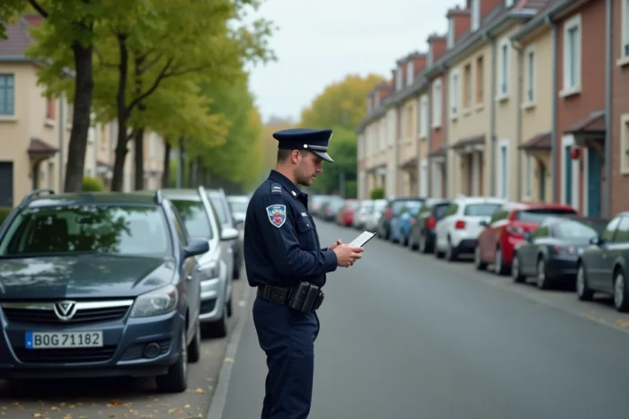 Agent de police municipale verbalisant un véhicule stationné illégalement sur un trottoir de lotissement