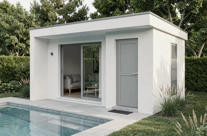 Pool house compact moderne avec local technique intégré visible sur le côté, porte coulissante en verre et architecture épurée au bord de la piscine