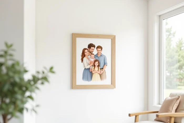 Portrait illustré encadré d'une famille avec bébé au baptême, style aquarelle dans cadre en chêne
