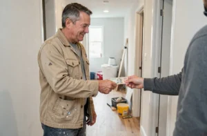 Artisan en veste de travail recevant un pourboire en billets de la main d'un propriétaire dans un couloir fraîchement rénové