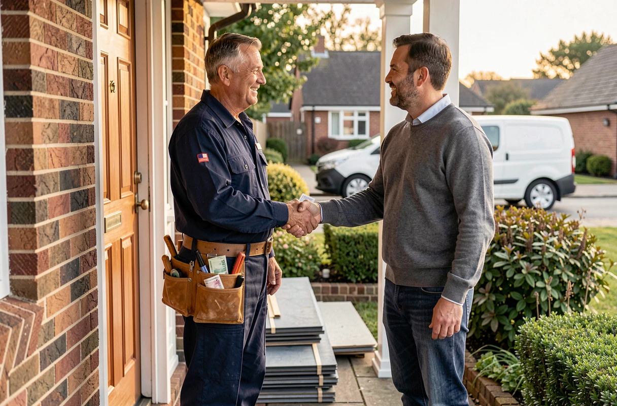 Couvreur en salopette recevant un pourboire en billets à la porte d'entrée d'une maison individuelle après des travaux de toiture