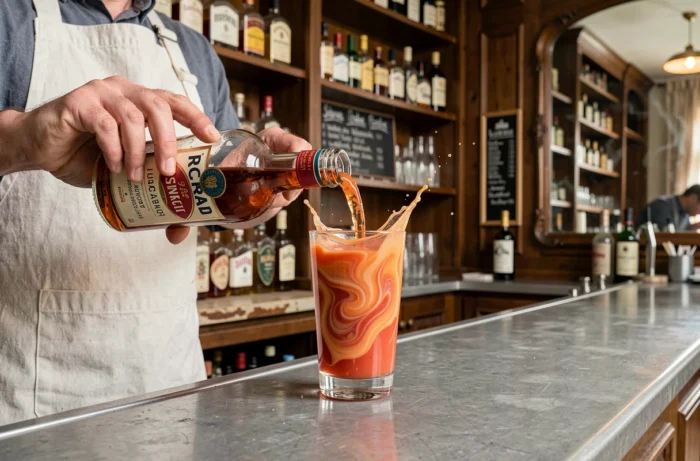 Barman versant du Ricard sur du jus de tomate dans un bar français vintage, création du cocktail Ricard tomate