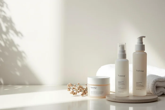 Flat-lay de produits Typology sur surface en pierre, packaging minimaliste et serviette blanche