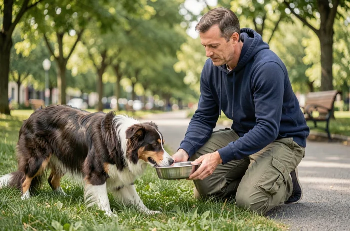 Propriétaire donnant de l'eau à son border collie dans un parc urbain, hydratation et promenade quotidienne du chien