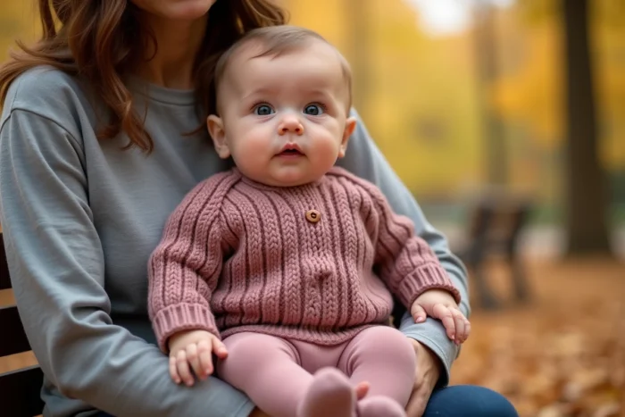 Bébé de 9 mois en pull en laine mérinos rose poudré et legging assorti porté par un parent dans un parc en automne avec feuillage doré