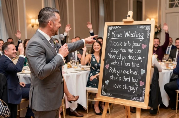 Animateur tenant un micro devant un tableau quiz personnalisé sur l'histoire du couple lors d'une réception de mariage