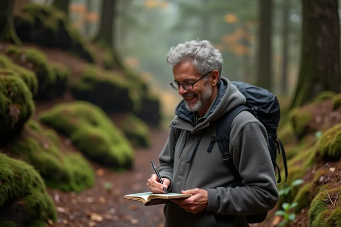 Homme randonneur dessinant un paysage dans un carnet de croquis sur un sentier forestier en automne