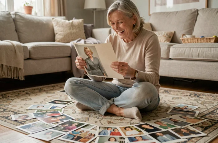 Femme sexagénaire assise par terre entourée de vieilles photos d'elle jeune dans les années 80