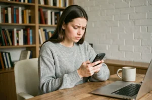 Jeune femme recherchant un ancien pseudo Instagram sur son smartphone à son bureau à domicile