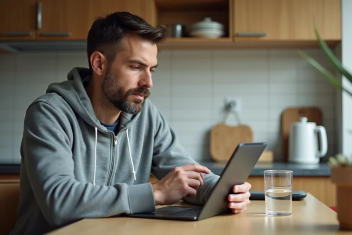 Homme réinitialisant son mot de passe Gozmap depuis une tablette dans sa cuisine