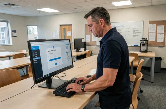 Un professeur réinitialisant son mot de passe sur le webmail académique de Créteil depuis la salle des enseignants
