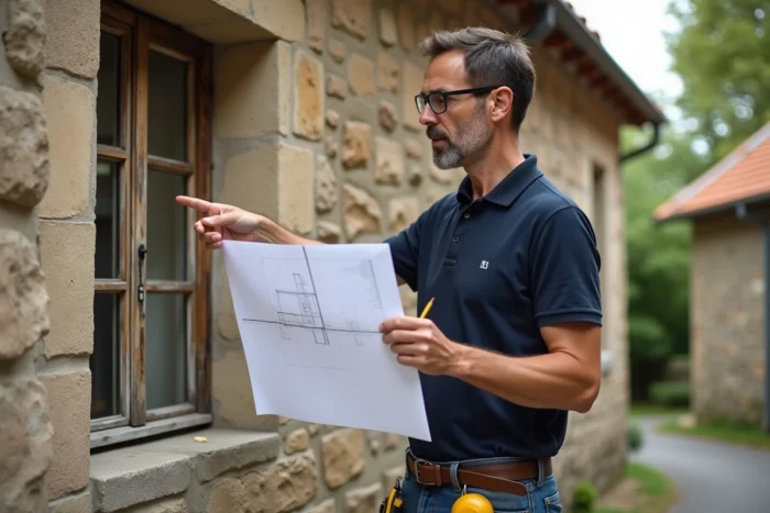 Propriétaire évaluant l'état d'une fenêtre ancienne avant dépôt d'une déclaration préalable en mairie