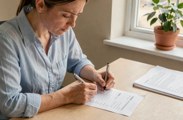 Femme remplissant un formulaire d'adresse papier avec les champs localité, voie et complément bien visibles