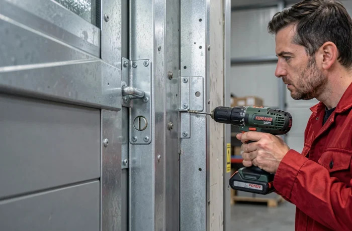 Technicien installant un renfort de porte industrielle avec plaque anti-effraction et kit de renforcement de bâti en entrepôt