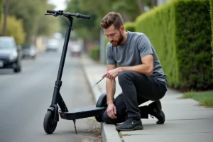 Homme réparant une trottinette électrique Urban Glide sur un trottoir urbain avec un tournevis