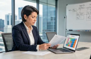 Responsable GRC analysant des documents de conformité et une matrice de risques sur ordinateur portable en salle de réunion d'entreprise