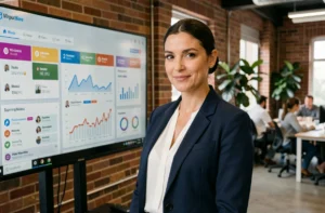 Responsable marketing digital analysant des tableaux de bord de performance sur un grand écran interactif dans une agence moderne
