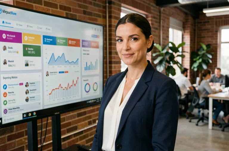 Responsable marketing digital analysant des tableaux de bord de performance sur un grand écran interactif dans une agence moderne