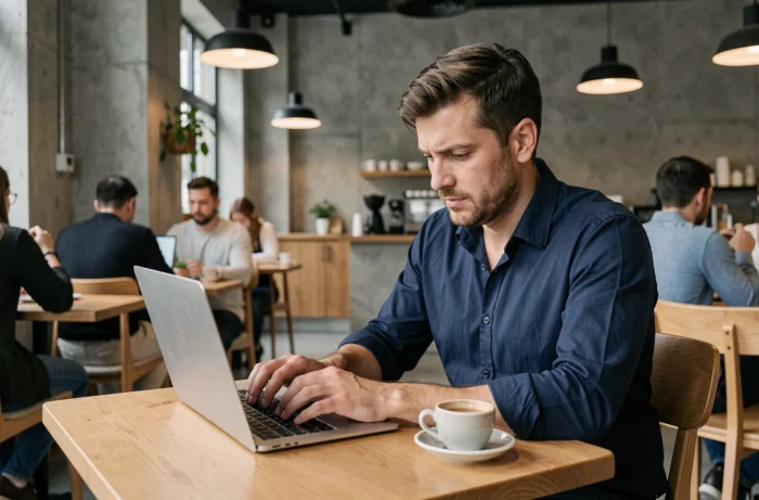 Homme utilisant un ordinateur portable dans un café pour retrouver un nom d'utilisateur Instagram modifié