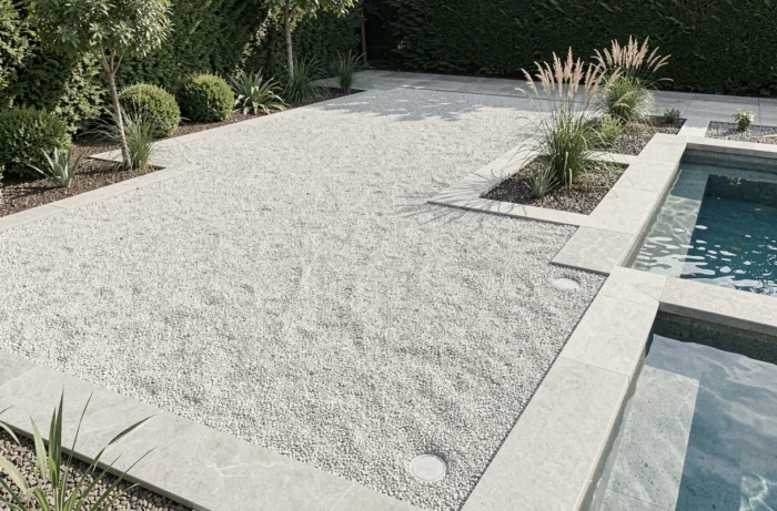 Revêtement minéral drainant en granulats clairs remplaçant le gazon autour d'une piscine extérieure, surface perméable avec bordures nettes et plantations ornementales