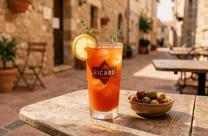 Verre de Ricard tomate servi en terrasse provençale avec olives et tranche de citron, ambiance apéritif estival