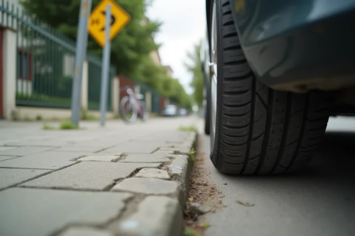 Roue de voiture posée sur un trottoir fissuré dans un lotissement résidentiel avec panneau d'interdiction de stationner