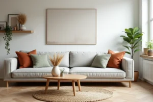 Salon scandinave moderne avec canapé en lin gris, table basse en chêne et décoration minimaliste en tons neutres chauds