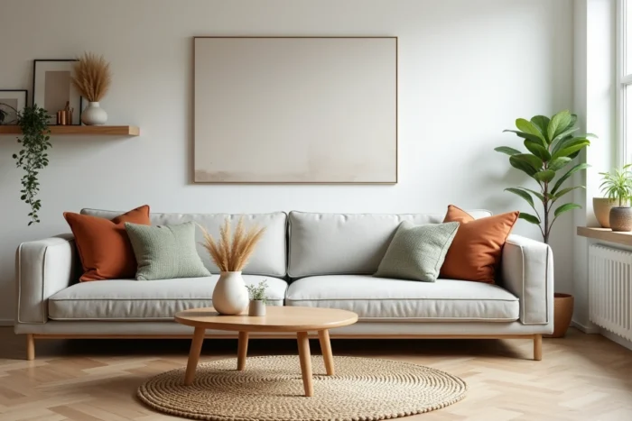 Salon scandinave moderne avec canapé en lin gris, table basse en chêne et décoration minimaliste en tons neutres chauds
