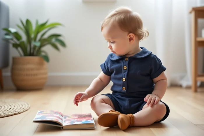 Bambin d'un an en salopette en lin bleu marine avec mocassins en cuir beige assis sur un parquet en bois dans un salon scandinave