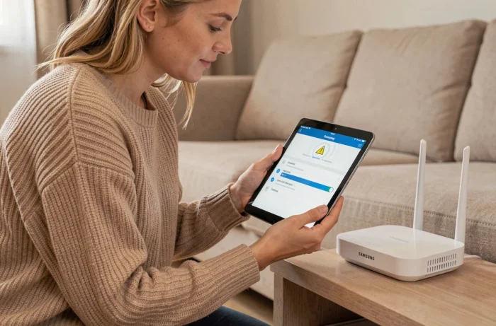 Femme consultant les paramètres Wi-Fi d'une tablette Samsung près d'un routeur internet domestique dans un salon moderne
