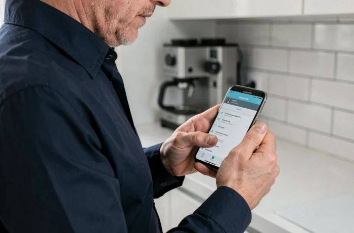 Homme vérifiant les réglages réseau Wi-Fi sur un Samsung dans une cuisine moderne avec un message d'absence de connexion internet