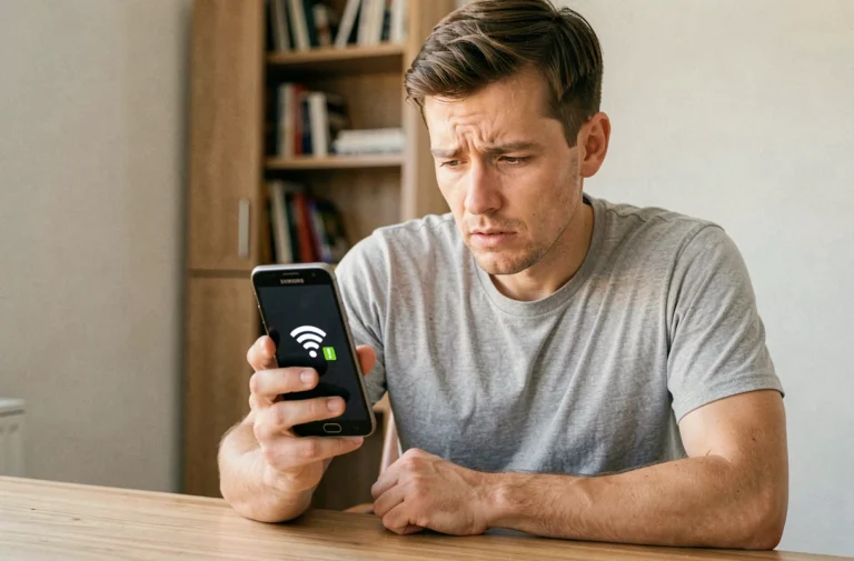 Homme tenant un Samsung Galaxy affichant une connexion Wi-Fi sans accès internet, assis à un bureau en bois dans un bureau à domicile