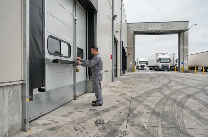 Technicien inspectant les serrures renforcées d'une issue secondaire et d'un quai de chargement dans un entrepôt