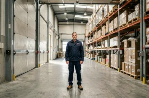 Expert en serrurerie professionnelle devant l'entrée d'un grand entrepôt industriel avec des portes en acier et des quais de chargement