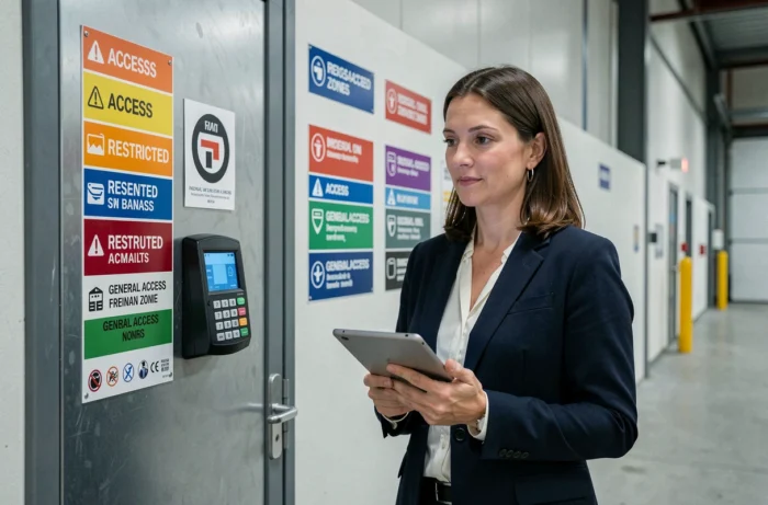 Professionnelle de la sécurité devant une porte de séparation de zone avec lecteur de badge et signalétique d'accès différenciée en entrepôt