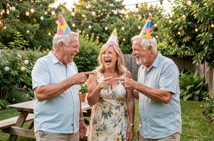 Trois amis sexagénaires en chapeaux d'anniversaire riants et se pointant mutuellement dans un jardin