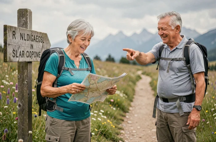 Deux seniors célibataires consultant une carte sur un sentier de randonnée en prairie, moment de complicité et de découverte en pleine nature
